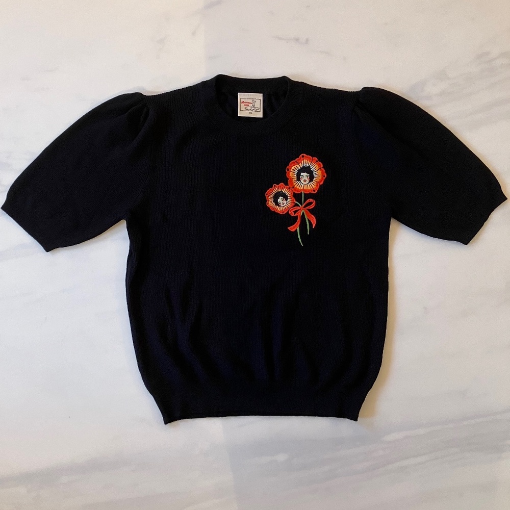 NWT Mischief Made Black Cotton Knit Short Sleeve Sweater Rockabilly Vintage S M